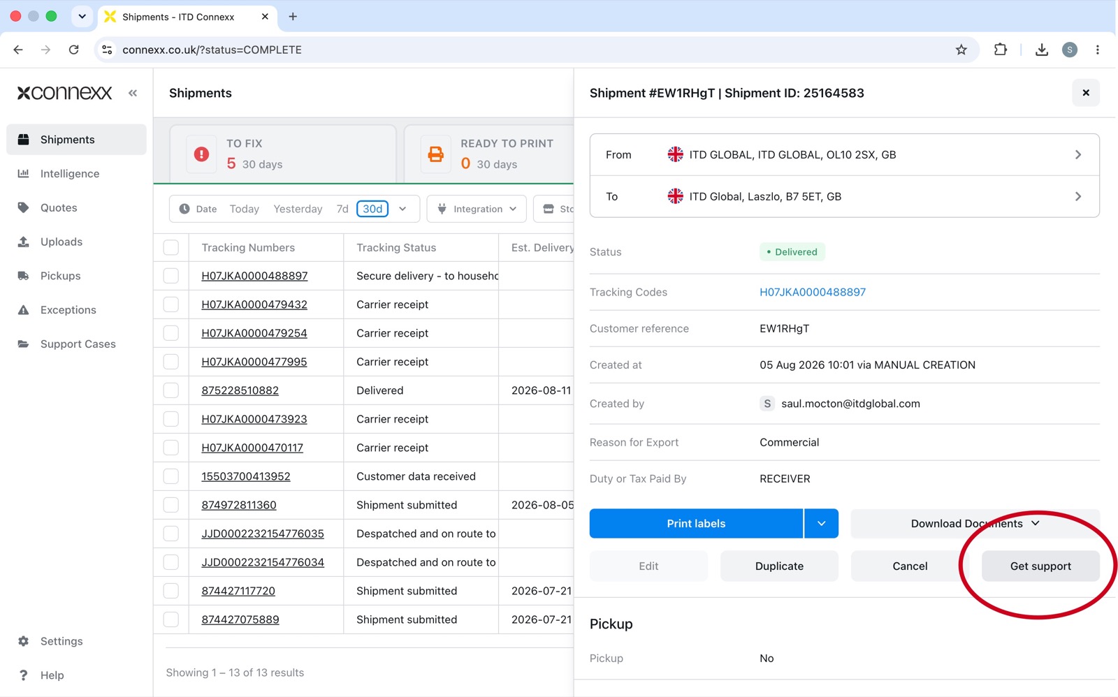 Shipment panel with the Get support button highlighted