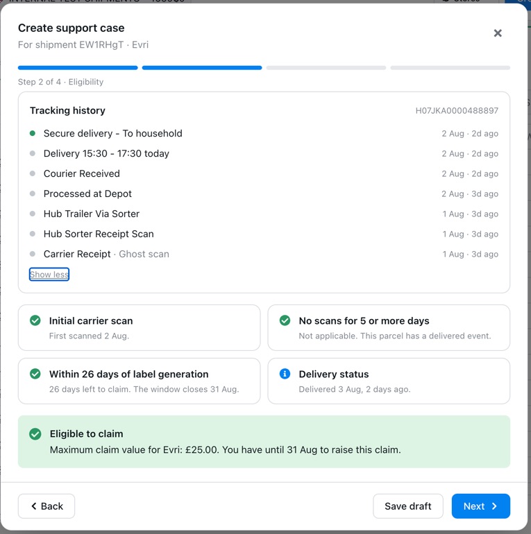 Eligibility checks and tracking history for the parcel
