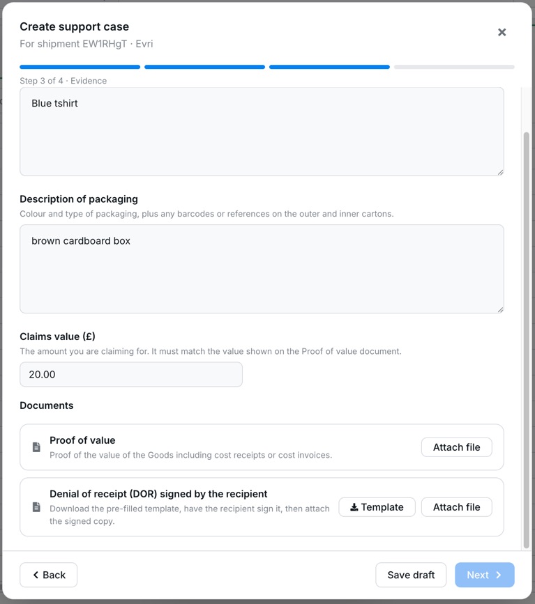 Evidence form with goods, claim value, and document uploads