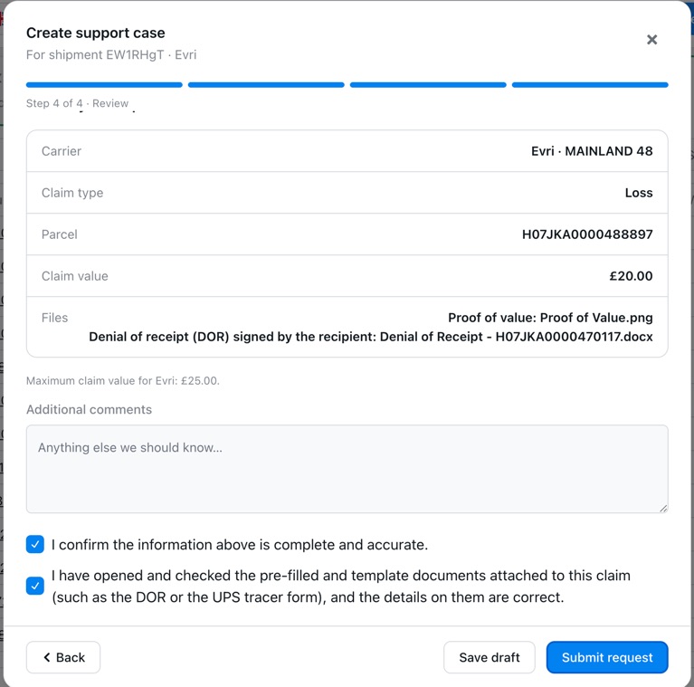 Review screen with claim details before submitting