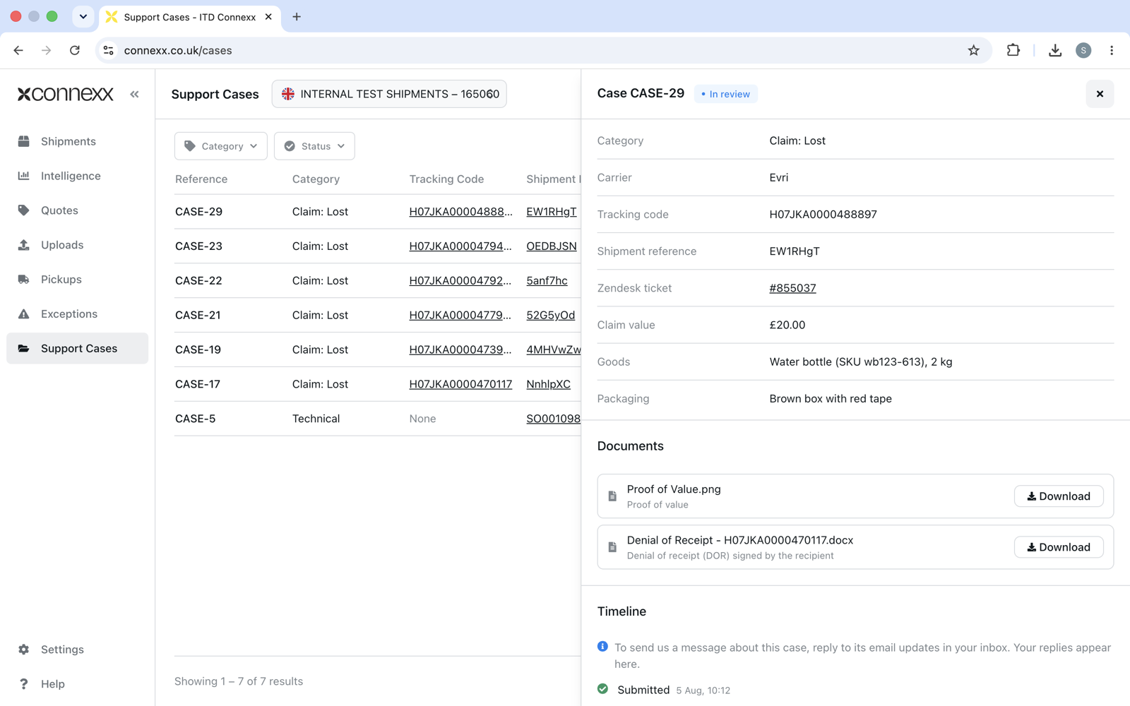 Support Cases page showing the claim and its status